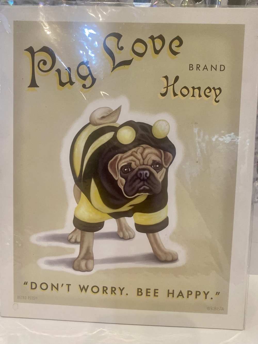 Retro Pets Pug Love Bee Art Print 8x10 Dont Worry Bee Happy Pug Dog Wall Art